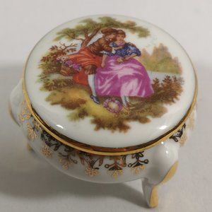 Vintage Limoges Courting Scene Lidded and Three-footed Trinket Dish w Gold Trim